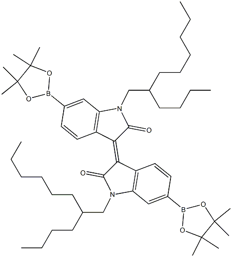 (E)-1,1'-bis(2-butyloctyl)-6,6'-bis(4,4,5,5-tetramethyl-1,3,2-dioxaborolan-2-yl)-[3,3'-biindolinylidene]-2,2'-dione Structure