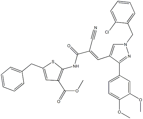 (E)-methyl 5-benzyl-2-(3-(1-(2-chlorobenzyl)-3-(3,4-dimethoxyphenyl)-1H-pyrazol-4-yl)-2-cyanoacrylamido)thiophene-3-carboxylate Structure