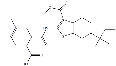 6-((3-(methoxycarbonyl)-6-(tert-pentyl)-4,5,6,7-tetrahydrobenzo[b]thiophen-2-yl)carbamoyl)-3,4-dimethylcyclohex-3-enecarboxylic acid Structure