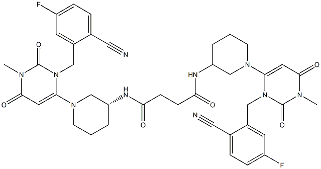 N1,N4-bis((R)-1-(3-(2-cyano-5-fluorobenzyl)-1-methyl-2,6-dioxo-1,2,3,6-tetrahydropyrimidin-4-yl)piperidin-3-yl)succinamide Structure
