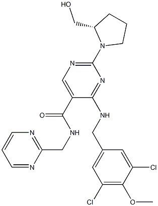(S)-4-((3,5-dichloro-4-methoxybenzyl)amino)-2-(2-(hydroxymethyl)pyrrolidin-1-yl)-N-(pyrimidin-2-ylmethyl)pyrimidine-5-carboxamide 구조식 이미지