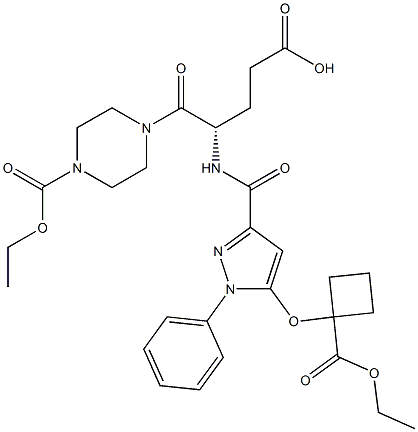 (4S)-4-({5-[1-(ethoxycarbonyl)cyclobutoxy]-1-phenyl-1H-pyrazol-3-yl}formamido)-5-[4-(ethoxycarbonyl)piperazin-1-yl]-5-oxopentanoic acid 구조식 이미지