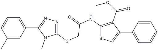 methyl 2-(2-((4-methyl-5-(m-tolyl)-4H-1,2,4-triazol-3-yl)thio)acetamido)-4-phenylthiophene-3-carboxylate 구조식 이미지