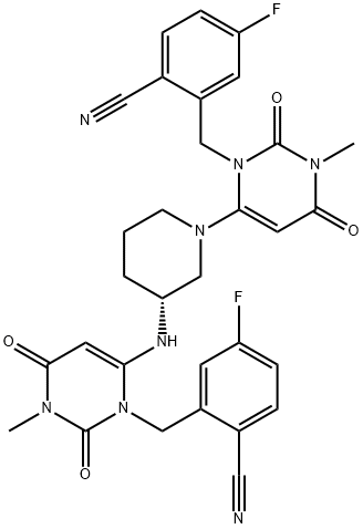 (R)-2-((6-(3-((3-(2-cyano-5-fluorobenzyl)-1-methyl-2,6-dioxo-1,2,3,6-tetrahydropyrimidin-4-yl)amino)piperidin-1-yl)-3-methyl-2,4-dioxo-3,4-dihydropyrimidin-1(2H)-yl)methyl)-4-fluorobenzonitrile Structure