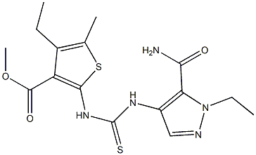 methyl 2-(3-(5-carbamoyl-1-ethyl-1H-pyrazol-4-yl)thioureido)-4-ethyl-5-methylthiophene-3-carboxylate 구조식 이미지