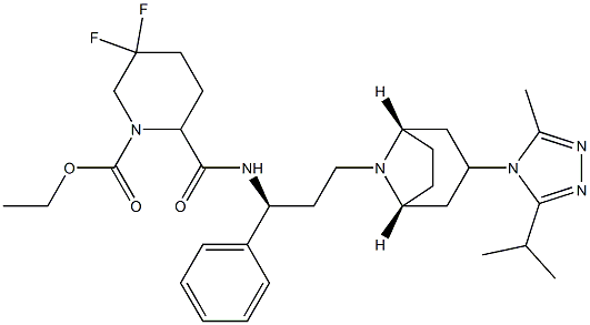 ethyl 5,5-difluoro-2-((S)-3-((1S,3R,5R)-3-(3-isopropyl-5-methyl-4H-1,2,4-triazol-4-yl)-8-aza-bicyclo[3.2.1]octan-8-yl)-1-phenylpropylcarbamoyl)piperidine-1-carboxylate Structure