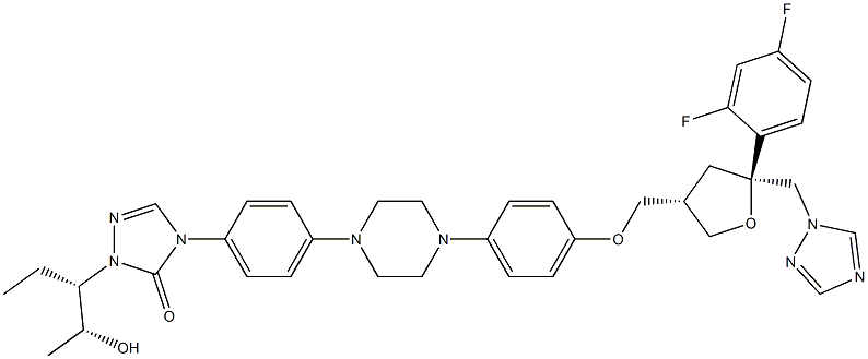 4-(4-(4-(4-(((3S,5S)-5-((1H-1,2,4-triazol-1-yl)methyl)-5-(2,4-difluorophenyl)tetrahydrofuran-3-yl)methoxy)phenyl)piperazin-1-yl)phenyl)-1-((2R,3S)-2-hydroxypentan-3-yl)-1H-1,2,4-triazol-5(4H)-one 구조식 이미지