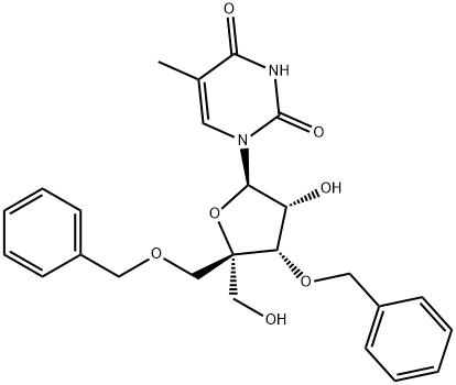 1-((2R,3R,4S,5R)-4-(benzyloxy)-5-((benzyloxy)methyl)-3-hydroxy-5-(hydroxymethyl)tetrahydrofuran-2-yl)-5-methylpyrimidine-2,4(1H,3H)-dione 구조식 이미지