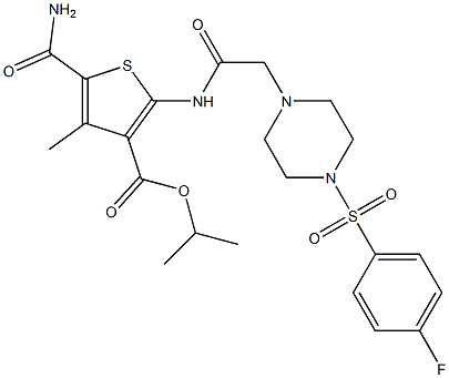 isopropyl 5-carbamoyl-2-(2-(4-((4-fluorophenyl)sulfonyl)piperazin-1-yl)acetamido)-4-methylthiophene-3-carboxylate 구조식 이미지