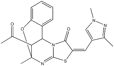 16-acetyl-13-[(1,3-dimethyl-1H-pyrazol-4-yl)methylene]-9-methyl-8-oxa-12-thia-10,15-diazatetracyclo[7.6.1.0~2,7~.0~11,15~]hexadeca-2,4,6,10-tetraen-14-one 구조식 이미지