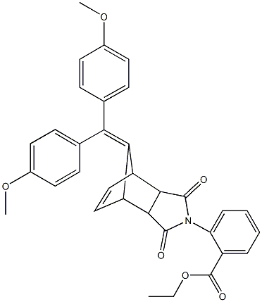 ethyl 2-{10-[bis(4-methoxyphenyl)methylene]-3,5-dioxo-4-azatricyclo[5.2.1.0~2,6~]dec-8-en-4-yl}benzoate 구조식 이미지