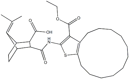 3-({[3-(ethoxycarbonyl)-5,6,7,8,9,10,11,12,13,14-decahydro-4H-cyclotrideca[b]thien-2-yl]amino}carbonyl)-7-(1-methylethylidene)bicyclo[2.2.1]heptane-2-carboxylic acid Structure