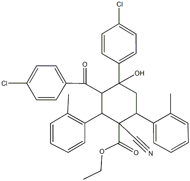 ethyl 3-(4-chlorobenzoyl)-4-(4-chlorophenyl)-1-cyano-4-hydroxy-2,6-bis(2-methylphenyl)cyclohexanecarboxylate 구조식 이미지