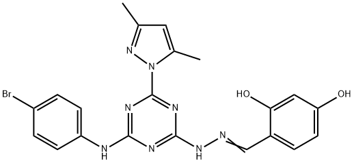 2,4-dihydroxybenzaldehyde [4-(4-bromoanilino)-6-(3,5-dimethyl-1H-pyrazol-1-yl)-1,3,5-triazin-2-yl]hydrazone 구조식 이미지