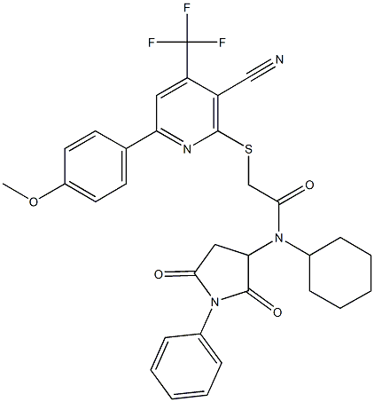 2-{[3-cyano-6-(4-methoxyphenyl)-4-(trifluoromethyl)-2-pyridinyl]sulfanyl}-N-cyclohexyl-N-(2,5-dioxo-1-phenyl-3-pyrrolidinyl)acetamide 구조식 이미지