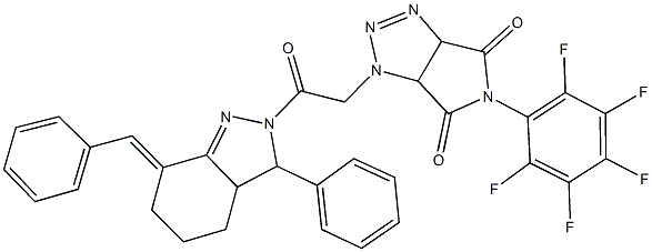 1-[2-(7-benzylidene-3-phenyl-3,3a,4,5,6,7-hexahydro-2H-indazol-2-yl)-2-oxoethyl]-5-(2,3,4,5,6-pentafluorophenyl)-3a,6a-dihydropyrrolo[3,4-d][1,2,3]triazole-4,6(1H,5H)-dione 구조식 이미지