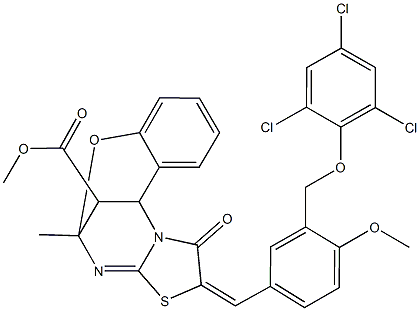 methyl (13E)-13-{4-methoxy-3-[(2,4,6-trichlorophenoxy)methyl]benzylidene}-9-methyl-14-oxo-8-oxa-12-thia-10,15-diazatetracyclo[7.6.1.0~2,7~.0~11,15~]hexadeca-2,4,6,10-tetraene-16-carboxylate Structure