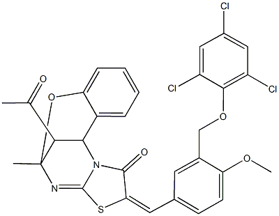 16-acetyl-13-{4-methoxy-3-[(2,4,6-trichlorophenoxy)methyl]benzylidene}-9-methyl-8-oxa-12-thia-10,15-diazatetracyclo[7.6.1.0~2,7~.0~11,15~]hexadeca-2,4,6,10-tetraen-14-one 구조식 이미지