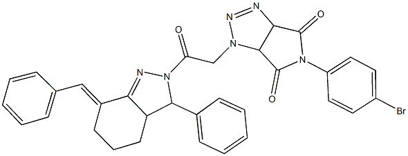 1-[2-(7-benzylidene-3-phenyl-3,3a,4,5,6,7-hexahydro-2H-indazol-2-yl)-2-oxoethyl]-5-(4-bromophenyl)-3a,6a-dihydropyrrolo[3,4-d][1,2,3]triazole-4,6(1H,5H)-dione 구조식 이미지