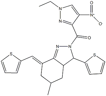 2-({1-ethyl-4-nitro-1H-pyrazol-3-yl}carbonyl)-5-methyl-3-(2-thienyl)-7-(2-thienylmethylene)-3,3a,4,5,6,7-hexahydro-2H-indazole Structure