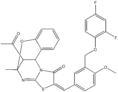 16-acetyl-13-{3-[(2,4-difluorophenoxy)methyl]-4-methoxybenzylidene}-9-methyl-8-oxa-12-thia-10,15-diazatetracyclo[7.6.1.0~2,7~.0~11,15~]hexadeca-2,4,6,10-tetraen-14-one Structure