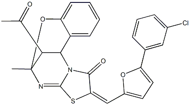 16-acetyl-13-{[5-(3-chlorophenyl)-2-furyl]methylene}-9-methyl-8-oxa-12-thia-10,15-diazatetracyclo[7.6.1.0~2,7~.0~11,15~]hexadeca-2,4,6,10-tetraen-14-one 구조식 이미지