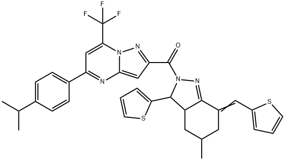 5-(4-isopropylphenyl)-2-{[5-methyl-3-(2-thienyl)-7-(2-thienylmethylene)-3,3a,4,5,6,7-hexahydro-2H-indazol-2-yl]carbonyl}-7-(trifluoromethyl)pyrazolo[1,5-a]pyrimidine Structure