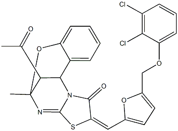 16-acetyl-13-({5-[(2,3-dichlorophenoxy)methyl]-2-furyl}methylene)-9-methyl-8-oxa-12-thia-10,15-diazatetracyclo[7.6.1.0~2,7~.0~11,15~]hexadeca-2,4,6,10-tetraen-14-one 구조식 이미지