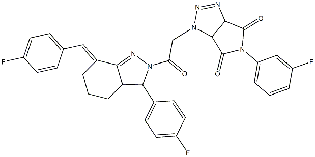 1-{2-[7-(4-fluorobenzylidene)-3-(4-fluorophenyl)-3,3a,4,5,6,7-hexahydro-2H-indazol-2-yl]-2-oxoethyl}-5-(3-fluorophenyl)-3a,6a-dihydropyrrolo[3,4-d][1,2,3]triazole-4,6(1H,5H)-dione 구조식 이미지