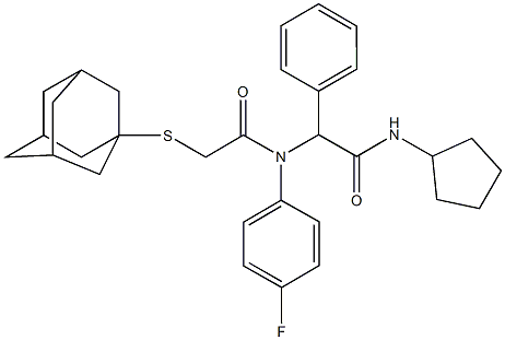 2-{[(1-adamantylsulfanyl)acetyl]-4-fluoroanilino}-N-cyclopentyl-2-phenylacetamide 구조식 이미지