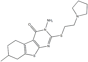 3-amino-7-methyl-2-{[2-(1-pyrrolidinyl)ethyl]sulfanyl}-5,6,7,8-tetrahydro[1]benzothieno[2,3-d]pyrimidin-4(3H)-one 구조식 이미지