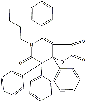 5-butyl-4,7,7,7a-tetraphenyl-7,7a-dihydrofuro[3,2-c]pyridine-2,3,6(5H)-trione 구조식 이미지