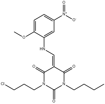 1-butyl-3-(3-chloropropyl)-5-({5-nitro-2-methoxyanilino}methylene)-2,4,6(1H,3H,5H)-pyrimidinetrione Structure