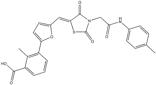 3-[5-({2,4-dioxo-3-[2-oxo-2-(4-toluidino)ethyl]-1,3-thiazolidin-5-ylidene}methyl)-2-furyl]-2-methylbenzoic acid Structure