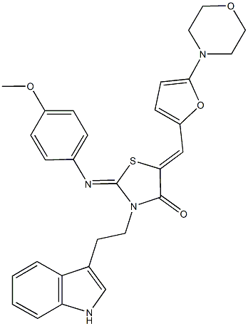 3-[2-(1H-indol-3-yl)ethyl]-2-[(4-methoxyphenyl)imino]-5-{[5-(4-morpholinyl)-2-furyl]methylene}-1,3-thiazolidin-4-one 구조식 이미지