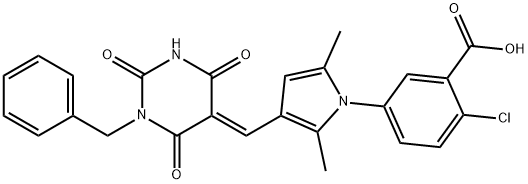 5-{3-[(1-benzyl-2,4,6-trioxotetrahydro-5(2H)-pyrimidinylidene)methyl]-2,5-dimethyl-1H-pyrrol-1-yl}-2-chlorobenzoic acid 구조식 이미지