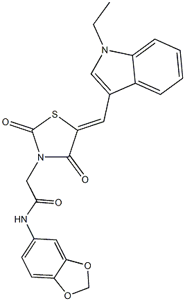 N-(1,3-benzodioxol-5-yl)-2-{5-[(1-ethyl-1H-indol-3-yl)methylene]-2,4-dioxo-1,3-thiazolidin-3-yl}acetamide 구조식 이미지