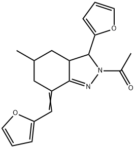 2-acetyl-3-(2-furyl)-7-(2-furylmethylene)-5-methyl-3,3a,4,5,6,7-hexahydro-2H-indazole Structure