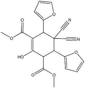 dimethyl 5,5-dicyano-4,6-di(2-furyl)-2-hydroxy-1-cyclohexene-1,3-dicarboxylate 구조식 이미지