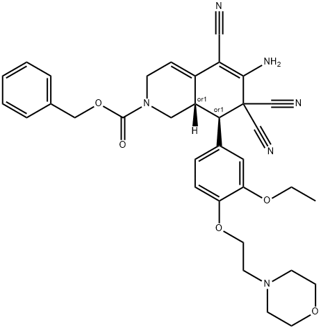 benzyl 6-amino-5,7,7-tricyano-8-[3-ethoxy-4-(2-morpholin-4-ylethoxy)phenyl]-3,7,8,8a-tetrahydroisoquinoline-2(1H)-carboxylate 구조식 이미지