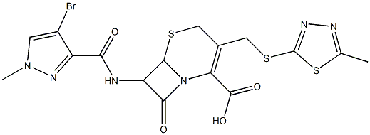 7-{[(4-bromo-1-methyl-1H-pyrazol-3-yl)carbonyl]amino}-3-{[(5-methyl-1,3,4-thiadiazol-2-yl)sulfanyl]methyl}-8-oxo-5-thia-1-azabicyclo[4.2.0]oct-2-ene-2-carboxylic acid 구조식 이미지