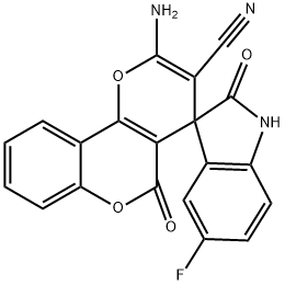 2-amino-1',3'-dihydro-2',5-dioxo-5'-fluorospiro(4H,5H-pyrano[3,2-c]chromene-4,3'-[2'H]-indole)-3-carbonitrile 구조식 이미지