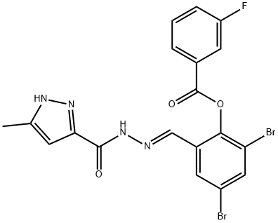 2,4-dibromo-6-{2-[(3-methyl-1H-pyrazol-5-yl)carbonyl]carbohydrazonoyl}phenyl 3-fluorobenzoate 구조식 이미지