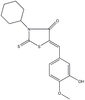 3-cyclohexyl-5-(3-hydroxy-4-methoxybenzylidene)-2-thioxo-1,3-thiazolidin-4-one Structure