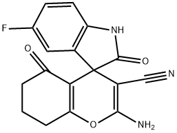 2-amino-5'-fluoro-3-cyano-2',5-dioxo-1',3',5,6,7,8-hexahydrospiro[4H-chromene-4,3'-(2'H)-indole) Structure