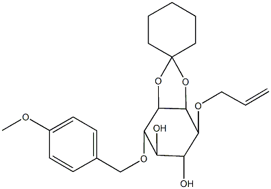 4-(allyloxy)-7-[(4-methoxybenzyl)oxy]-3a,4,5,6,7,7a-hexahydrospiro[1,3-benzodioxole-2,1'-cyclohexane]-5,6-diol 구조식 이미지