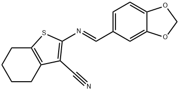 2-[(1,3-benzodioxol-5-ylmethylene)amino]-4,5,6,7-tetrahydro-1-benzothiophene-3-carbonitrile 구조식 이미지