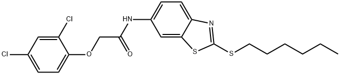 2-(2,4-dichlorophenoxy)-N-[2-(hexylsulfanyl)-1,3-benzothiazol-6-yl]acetamide 구조식 이미지