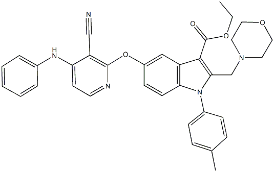 ethyl 5-[(4-anilino-3-cyanopyridin-2-yl)oxy]-1-(4-methylphenyl)-2-(morpholin-4-ylmethyl)-1H-indole-3-carboxylate 구조식 이미지