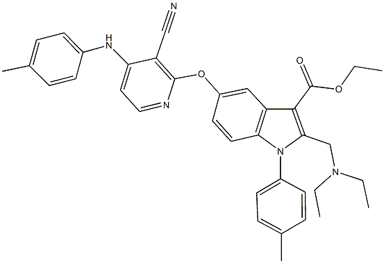 ethyl 5-{[3-cyano-4-(4-toluidino)pyridin-2-yl]oxy}-2-[(diethylamino)methyl]-1-(4-methylphenyl)-1H-indole-3-carboxylate 구조식 이미지